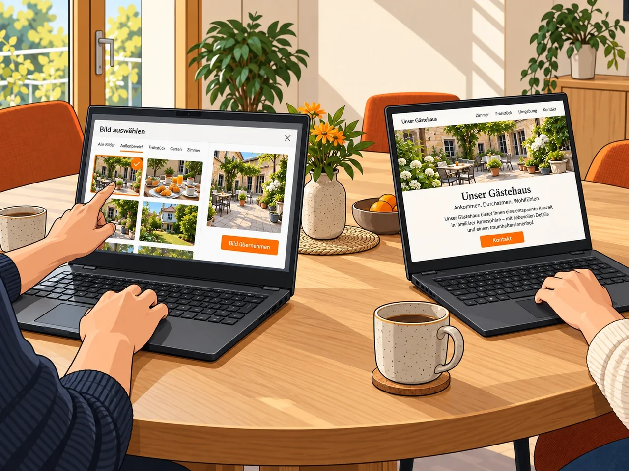 Illustration einer gemeinsamen Bildpflege an zwei Notebooks beim Kunden