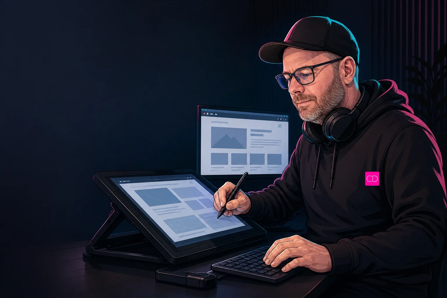 Editoriale Illustration von Chris Derix beim Zeichnen und Prüfen von Website-Wireframes an einem Stift-Display