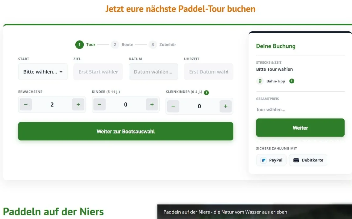 Desktopansicht des ersten Freizeitexperten-Buchungsschritts mit Auswahl von Tour, Termin und Gruppengröße
