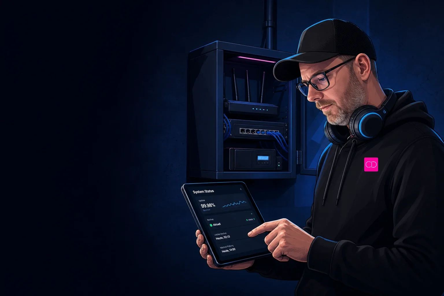 Editoriale Illustration von Chris Derix bei der digitalen Prüfung von Verfügbarkeit und Backups an einem Tablet